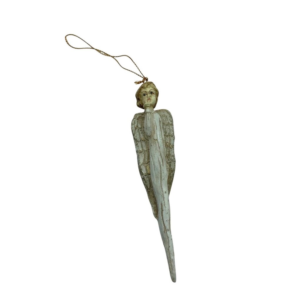 Vintage Wood Icicle‎ Angel Ornament With Gold String Hanger 6"